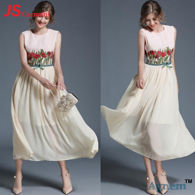 Vestido longo chiffon personalizado verão do bordado sem mangas das mulheres de JS 39-51886
